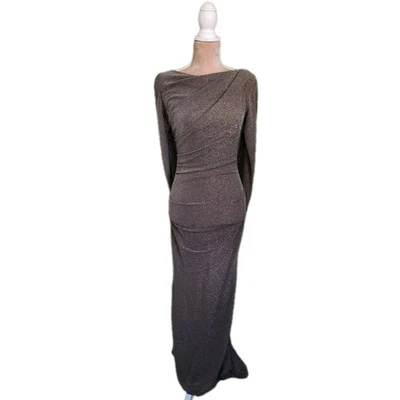 Vestido formal Betsy & Adam con capucha metálica cuello drapeado espalda talla 2 topo/plateado Foto 1 de 4