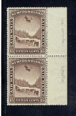 Newfoundland #C9ii pair with only one stamp with watermark - Image 1 of 2