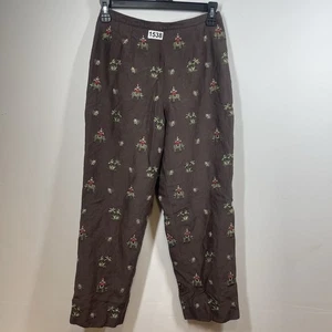 Talbots Petite Silk Linen Cropped Pants Sz 4 Embroidered Thai Elephant Palm Tree - Picture 1 of 18