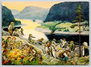 Fantasy Troll Family Fishing Camp Picnic Rolf Lidberg Art Postcard UNP 4x6 - Picture 1 of 2