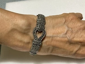 Sterling Silver victorian Marcasite Pave cuff 7" Bracelet belt buckle design 28g - Picture 1 of 6