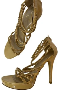 Stuart Weitzman Gold Leather Chain Strap Stiletto Sandals 7.5B J10073 platform - Picture 1 of 13