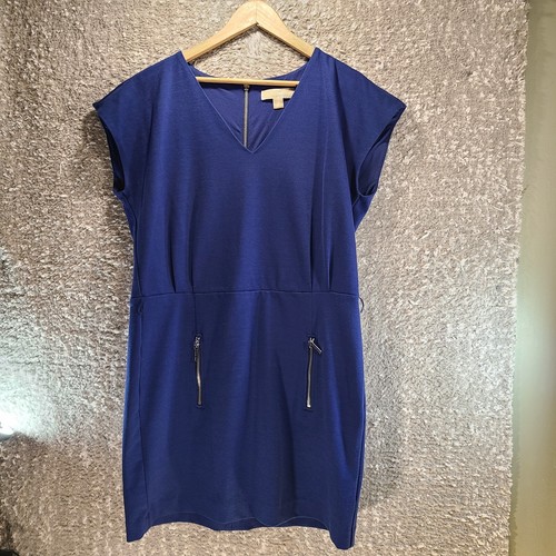 Abito Michael Kors blu scollo a V dietro zip senza maniche a tubino taglia 14 poliestere rayo