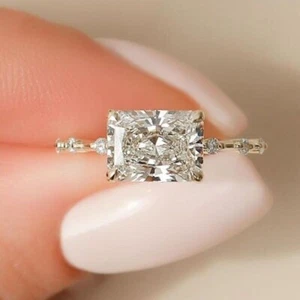 3.00 Ct Radiant Cut Moissanite East West Engagement Ring 14K White Gold Plated - Picture 1 of 3