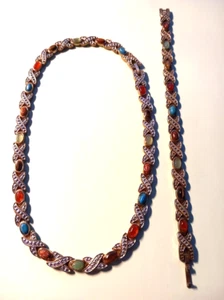 Ancienne parure collier ras de cou et bracelet à pierres semi précieuses - Foto 1 di 4