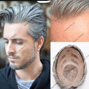 Breathable Bond NPU Mono Lace Base Men's Wig Toupee Gray Remy Human Hair Systems