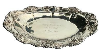 1940 TOWLE PLATO PLATA BANDEJA OVALADA FLORES ROSAS EN RELIEVE FELIZ ANIVERSARIO Foto 1 de 4