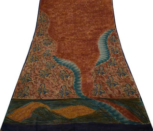 Sushila Vintage Brown Saree 100% Pure Georgette Silk Printed 5 Yard Craft Fabric - Picture 1 of 9