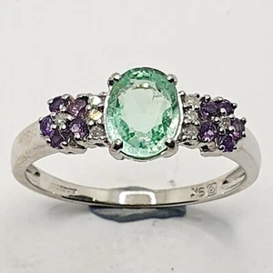 QVC Multi Stones 9ct Flower Green & Purple Amethyst & Diamond Yellow Gold Ring U - Picture 1 of 23
