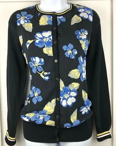 Lands' End Womens Cardigan Small TALL Cotton Black Blue Floral Stripes EUC - Picture 1 of 11