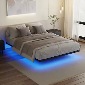 Ufurniture Floating Bed Frame Queen Size LED Lights Metal Platform Bed Black - Picture 1 of 13