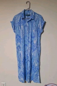 Lauren Ralph Lauren Women’s Blue Paisley Shirt Midi Dress Button Front Pockets M - Picture 1 of 12