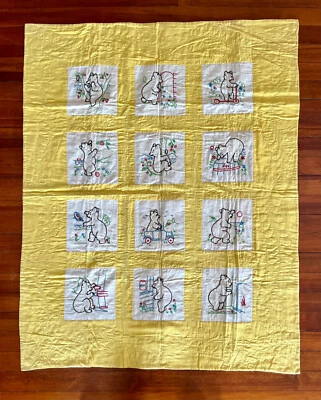 Antique Vintage 1930's Handmade Patchwork Quilt Embroidered Teddy Bears 43 x 54 - Image 1 of 4