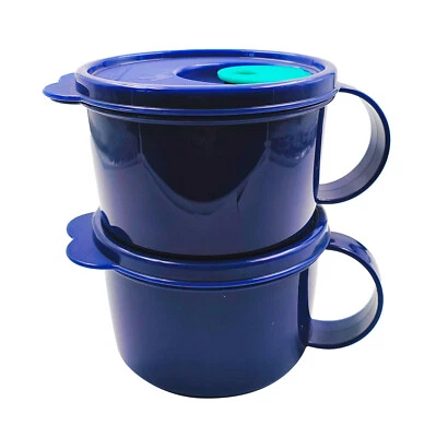 2 Tupperware Dark Blue Round Plastic Microwaveble CystalWave Soup Mug 460ml Set - Image 1 of 3