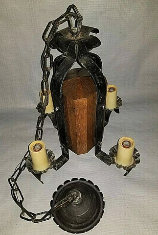 Vintage MCM Lightolier Rustic Black Iron and Wood Hanging 4 Bulb Light Fixture Cover
