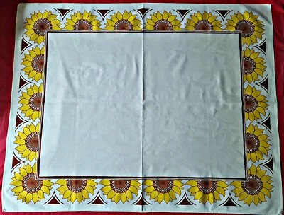 TABLECLOTH VINTAGE FLORAL  ART SUNFLOWERS PRINT IVORY YELLOW LINEN BLEND - Image 1 of 3