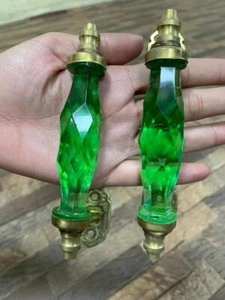 Manija de puerta de vidrio y latón estilo antiguo 5,5"" cristal/corte verde 2 piezas coleccionable - Imagen 1 de 10