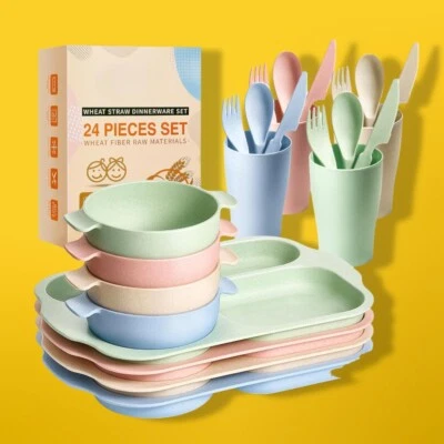 24 Pcs Wheat Straw Dinnerware Set with Plates Bowls Cups Cutlery BPA Free - Image 1 of 4