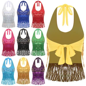 Women Bra Shiny Top Nightclub Costume Arabian Clubwear Stage Self Tie Slim Fit - Picture 1 of 118