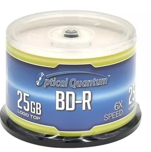 50 Optical Quantum 6x 25GB Blue Blu-ray BD-R Logo Top Disc cake box, Open Unused - Picture 1 of 4