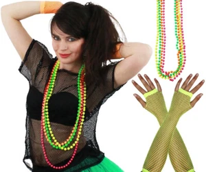 Damen 80er Jahre Kostüm Oberteil Perlen Handschuhe Damen Retro Neon Kostüm Outfit 80s - Bild 1 von 9