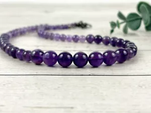 Purple Amethyst Smooth Round Gemstone Beaded February Birthstone Necklaces 24'' - Picture 1 of 14