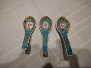 Set Of 3 Vintage Chinese Mun Shou Turquoise Soup Spoons - Picture 1 of 2