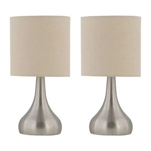 2er Set Gebürstet Chrom Touch Tischlampen Nachttischlampen Natur Leinenschirme - Bild 1 von 10