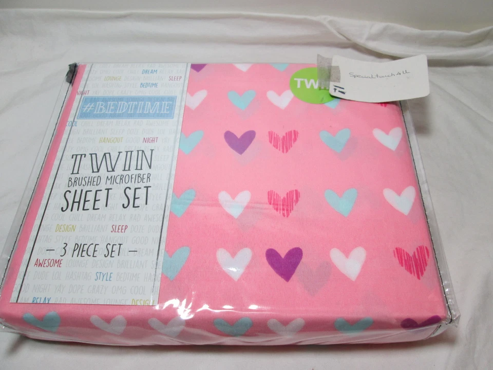 Keeco # Bedtime SWEET HEARTS Twin Sheet Set ~ Pink, Blue, Purple, White, Red NEW - Image 1 of 1