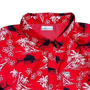 Columbia PFG Red Shirt Mens XXL 2XL Vented Fishing Omni Shade Marlin Print