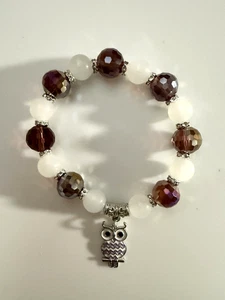 BROWN Faceted Bead Stretch Bracelet with White Gemstone Beads & Silver Owl Charm - Picture 1 of 2
