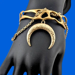 CELESTIAL BRACELET whimsigoth brass brutalist bangle moon & drippy chain B6 - Picture 1 of 7