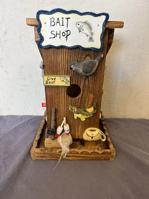 Hangable Or Freestanding Birdhouse Brown Colorful  wood Bait Shop Outdoor Decor - Image 1 of 4