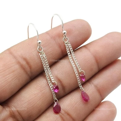 Orecchini Etnici Pendenti In Argento 925 Con Gemma In Zirconia Cubica Rosa - Immagine 1 di 4