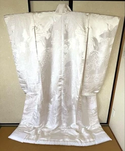 Eleganter weißer Uchikake Kimono Hochzeit Braut Satin Seide Kranich Stickerei, Größe 1 - Bild 1 von 14