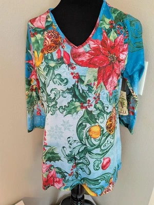 Novo com etiquetas One World tamanho. Blusa feminina S manga 3/4 cravejada flor Natal - Imagem 1 de 4