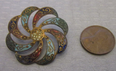 antique French Champleve Enamel Button Multicolor Pieced Pinwheel Swirl 32mm Cover