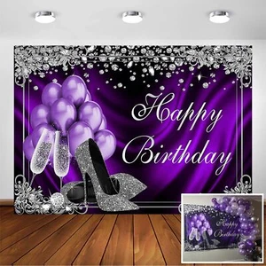 7x5Ft Purple Silver Happy Birthday Party Backdrop Photography Background - Picture 1 of 6