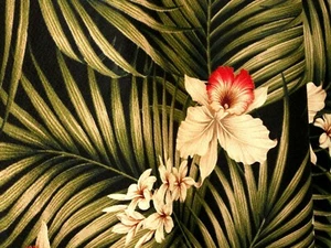 Hawaiian Tropical Cotton Barkcloth Upholstery FABRIC ~Fern-Black /Orchids~ - Picture 1 of 3