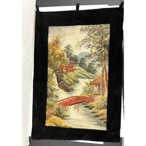 Vintage japanische Seidenstickerei Wandbehang Wandteppich Handarbeit Dorf Fluss 19"x28 - Bild 1 von 15