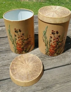 Two Vintage Tin Canisters Cheinco Kitchen Brown Wood Look Cottage decor EUC - Picture 1 of 5