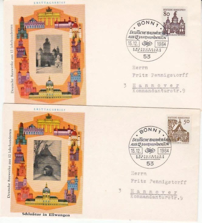 Germany (W) - 12 Centuries of Architecture (Plain) (2no. PO FDC's) 1964 - Image 1 of 1