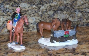 Man w/Presents On Horseback, Horses By Trough, Christmas Village Horse Figurines - Picture 1 of 6