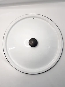 Vintage Farmhouse White Enamelware Black Trim Large Stock Pot Lid Enamel - Picture 1 of 6