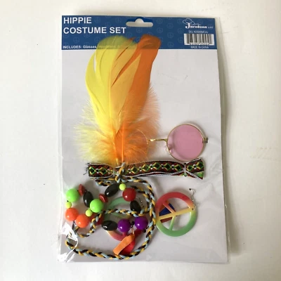 Hippie Costume Set Glasses Headband Peace Earrings Halloween Jacobson Hat 1960s - Image 1 of 4