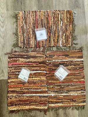Set of 3 Boston Warehouse Leather Brown Multi-Colored Striped Woven Placemats - Image 1 of 4