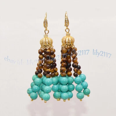 Pendiente gancho dorado borla turquesa azul ojo de tigre amarillo natural de 4 mm 6 mm Foto 1 de 4