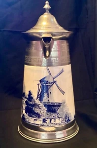 19th C. Villeroy & Boch Porcelain/ Pewter Dutch Windmill Coffee Pitcher Jug - Picture 1 of 17
