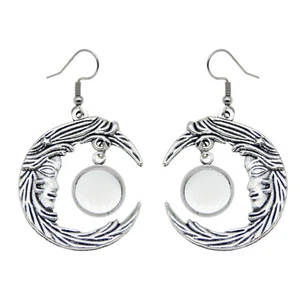 1 Pair 12mm Blank Bezel Tray Moon Pendant Ear Hooks Piercing Jewelry Earrings - Picture 1 of 8
