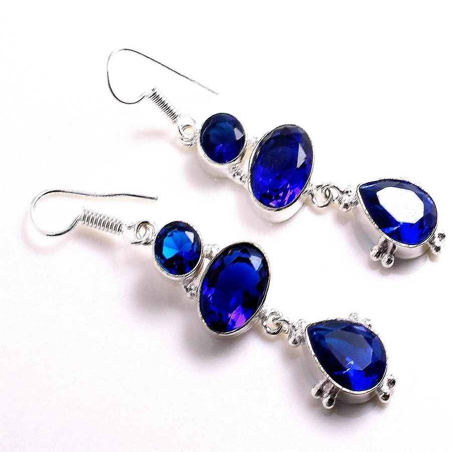 Blue Tanzanite Gemstone Handmade 925 Starling Silver Jewelry Earring Sz 2.20" - Image 1 of 1